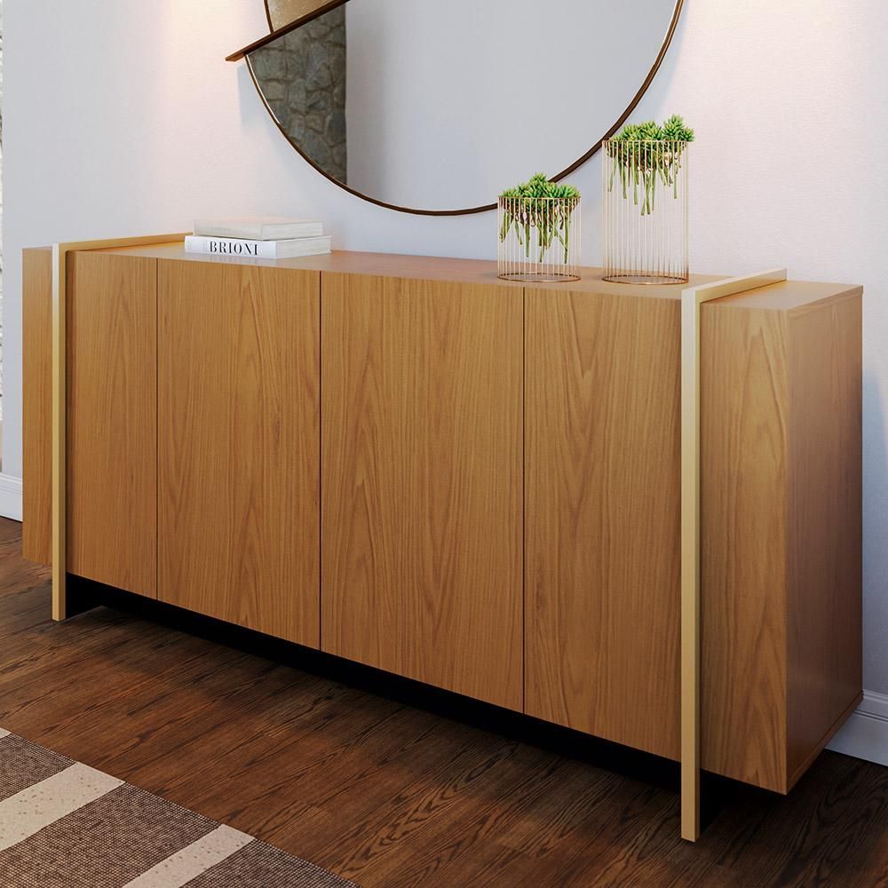Aparador Buffet Puerto 4 Portas 2 Prateleiras MDP com Tubos Metálicos Freijó Preto Fosco Dourado Lyam Decor