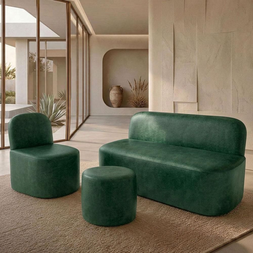 Kit Poltrona Lumiere Reclinável com Puff e Namoradeira Couríssimo Confortável Verde Lyam Decor