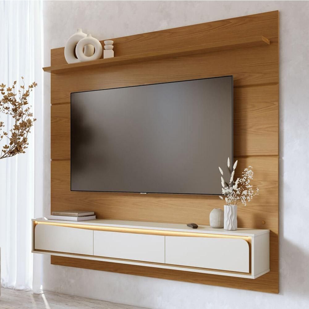 Painel para TV Toronto C04 65" 180CM MDF com Bancada Suspensa Iluminacao LED Off White Matte Naturale Lyam Decor