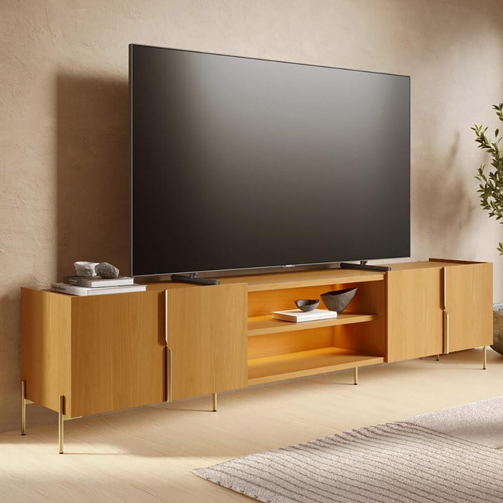 Rack Novare C04 para TV 85" 243,5CM MDP com LED e Pés Reguláveis Metal Dourado Amadeirado Lyam Decor
