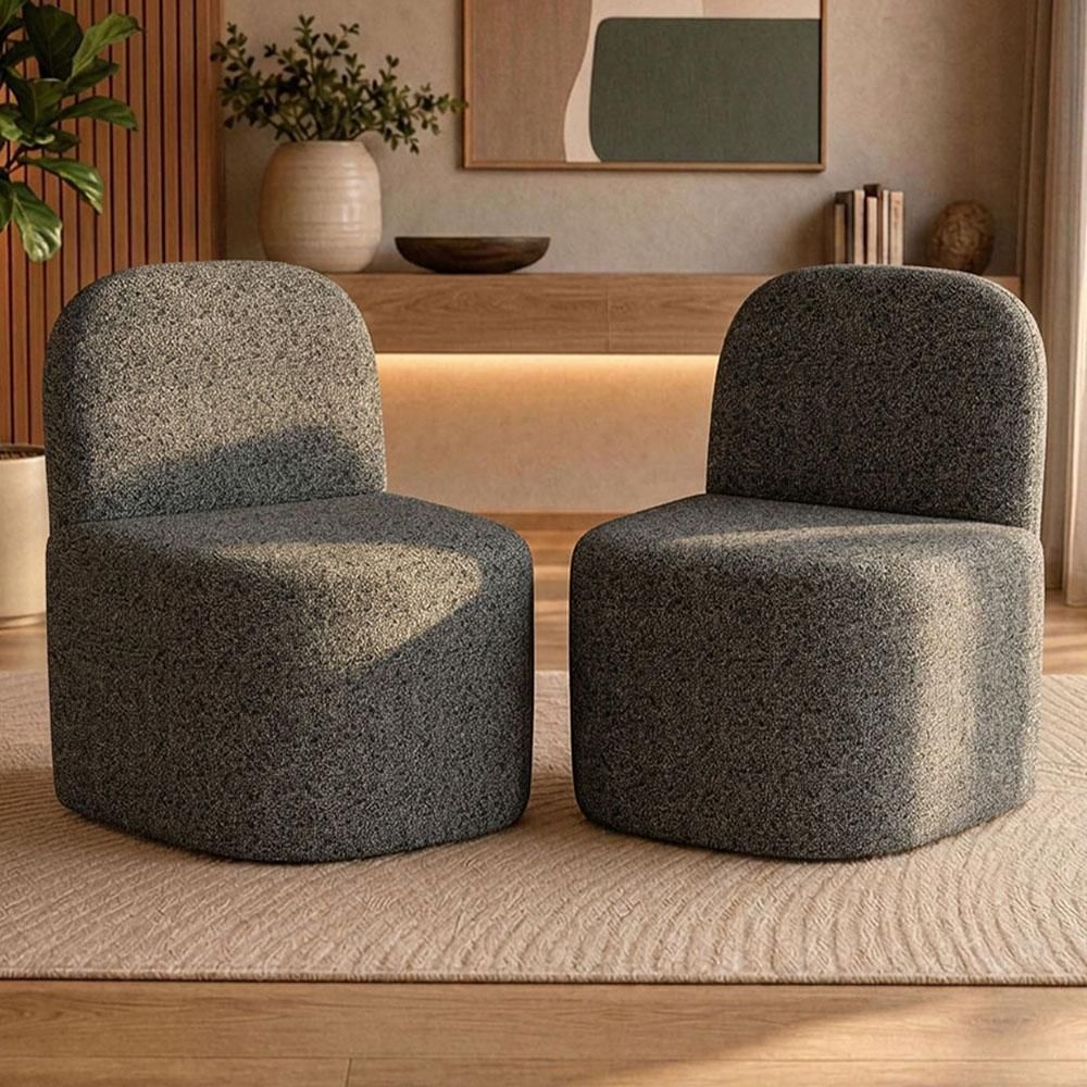 Kit 02 Poltronas Lumiere Decorativas Orgânicas em Linho Mescla Confortável Cinza Lyam Decor