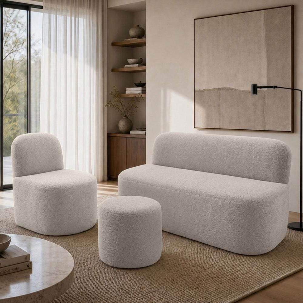 Kit Poltrona Decorativa Lumiere com Puff Coliseu e Namoradeira Naeris W01 Bouclê Confortável Bege Lyam Decor