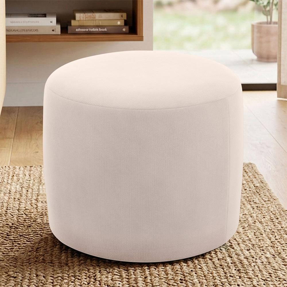 Puff Redondo Coliseu W01 50cm Madeira de Eucalipto Revestimento Suede Bege Lyam Decor