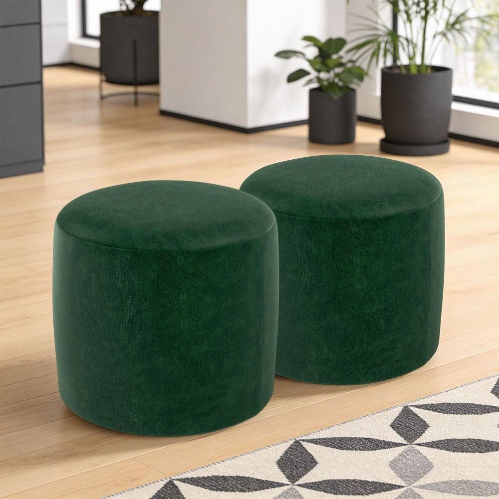 Kit 02 Puffs Coliseu W01 Redondo MDF Eucalipto Pinus Couro Sintético Couríssimo Verde Lyam Decor