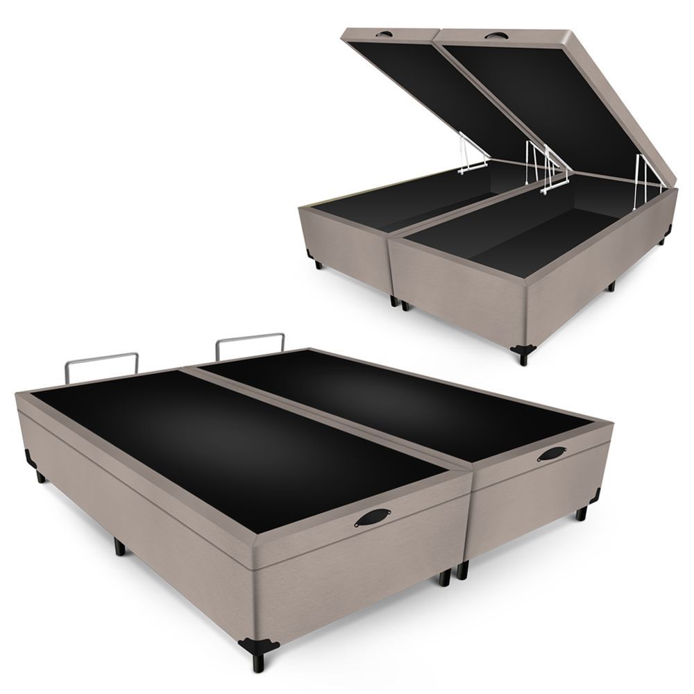Cama Box com Baú Casal Bipartido Suede Abertura Pneumática Bege 138x188cm