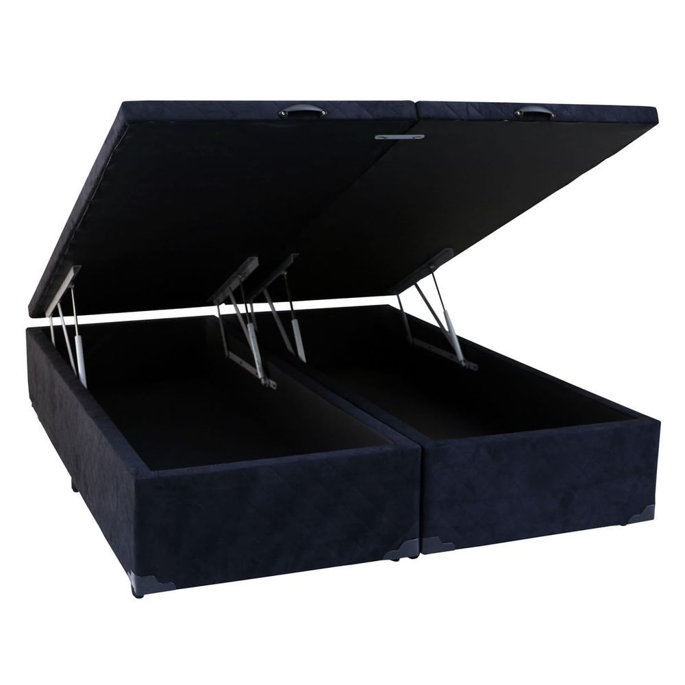 Cama Box com Baú Casal Bipartido Estrutura em Madeira Abertura Pneumática Suede Preto