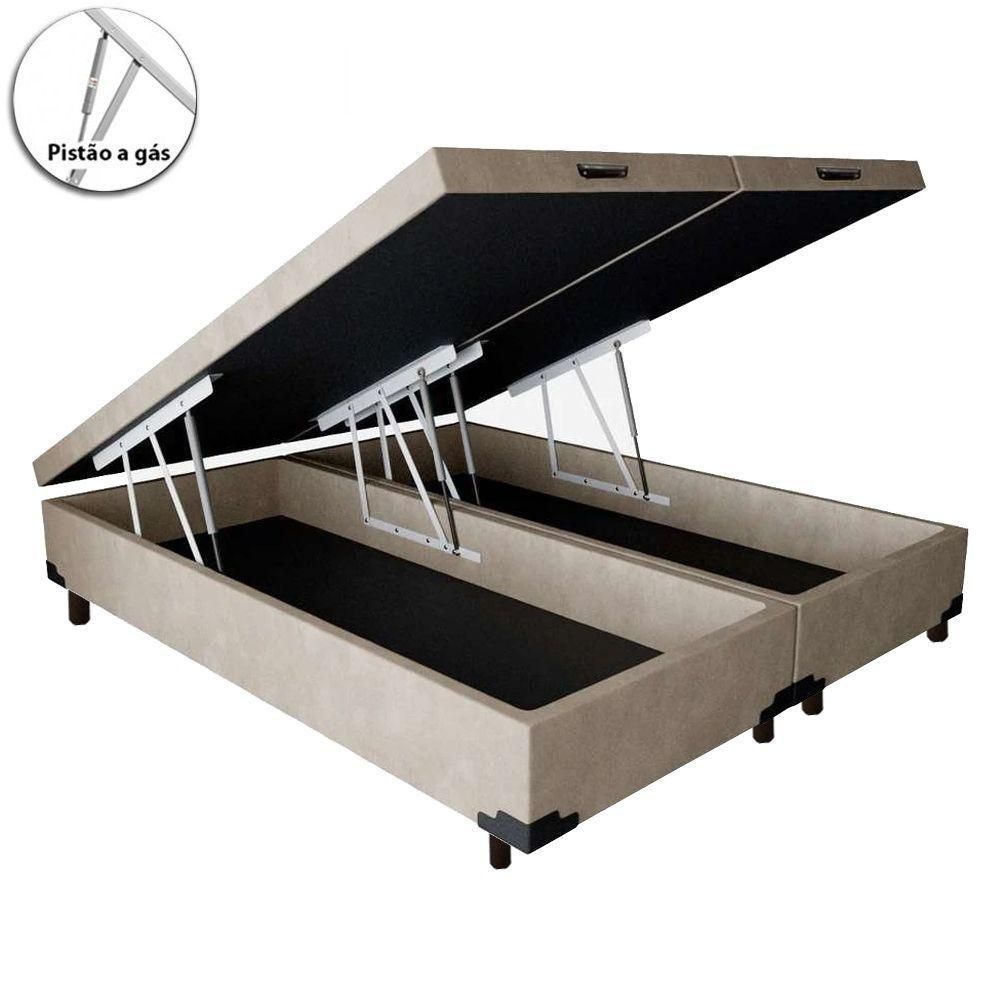 Cama Box com Baú Casal Bipartido Abertura Pneumática Estrutura em Madeira Revestimento Suede Bege