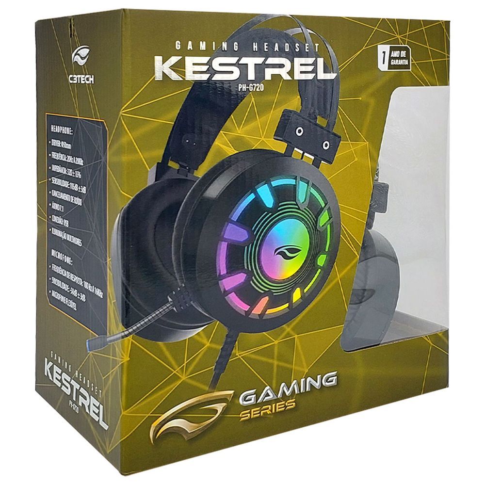 Headset Gamer C3tech PH-G720BK USB 2.0 com Áudio 7.1 e Iluminação RGB para PC e Console Preto