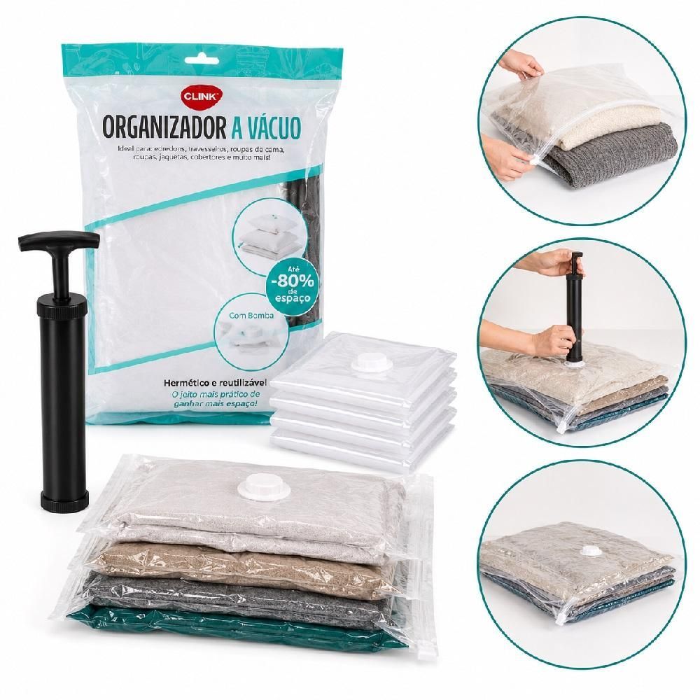 Kit Sacos Organizadores a Vácuo Clink 5 Peças com Bomba Manual Plástico PET e PE Reduz Volume em Até 80% para Armário
