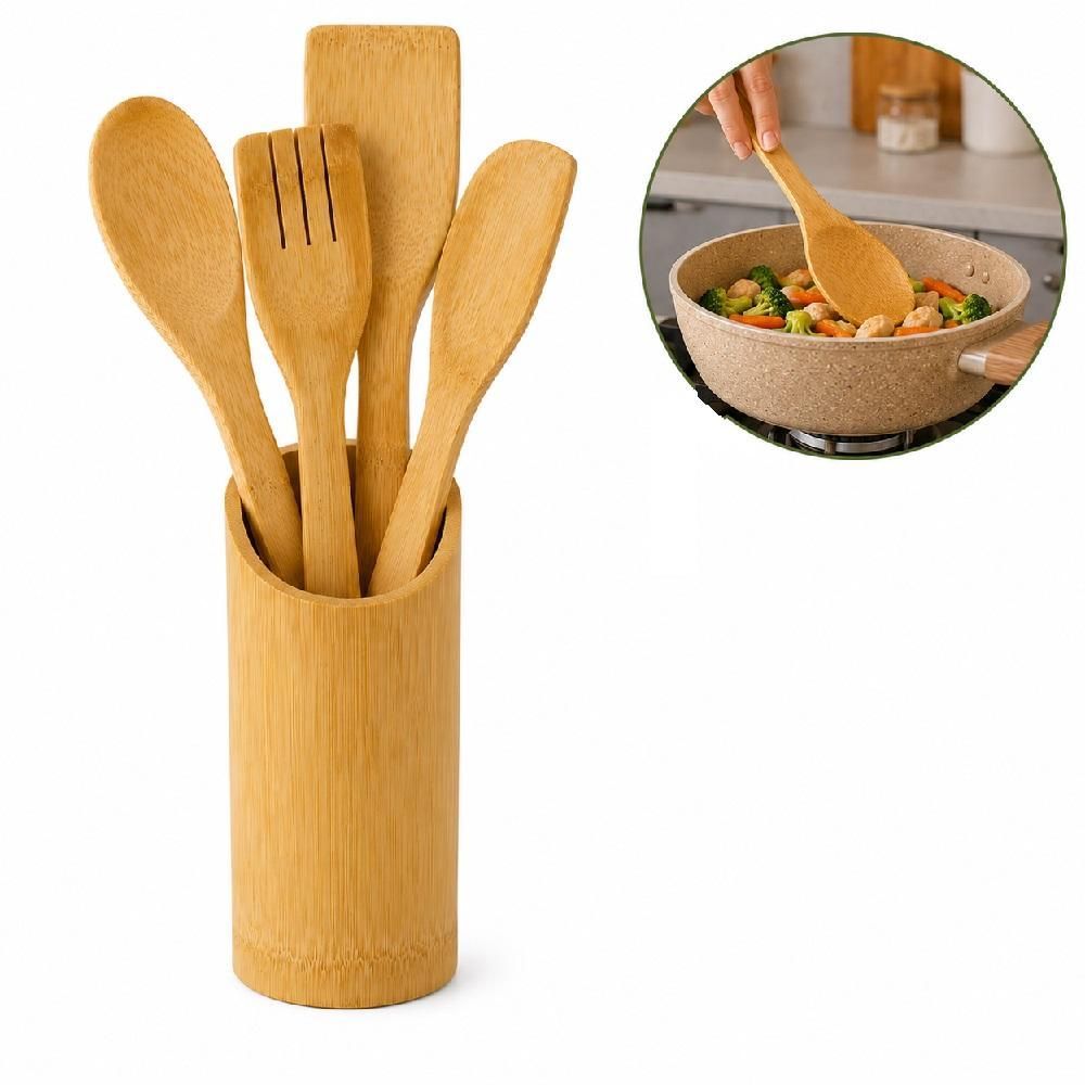 Kit de Utensílios Casita 5 Peças em Bambu Natural com Porta Utensílios Organizador para Cozinha Amadeirado Yeet