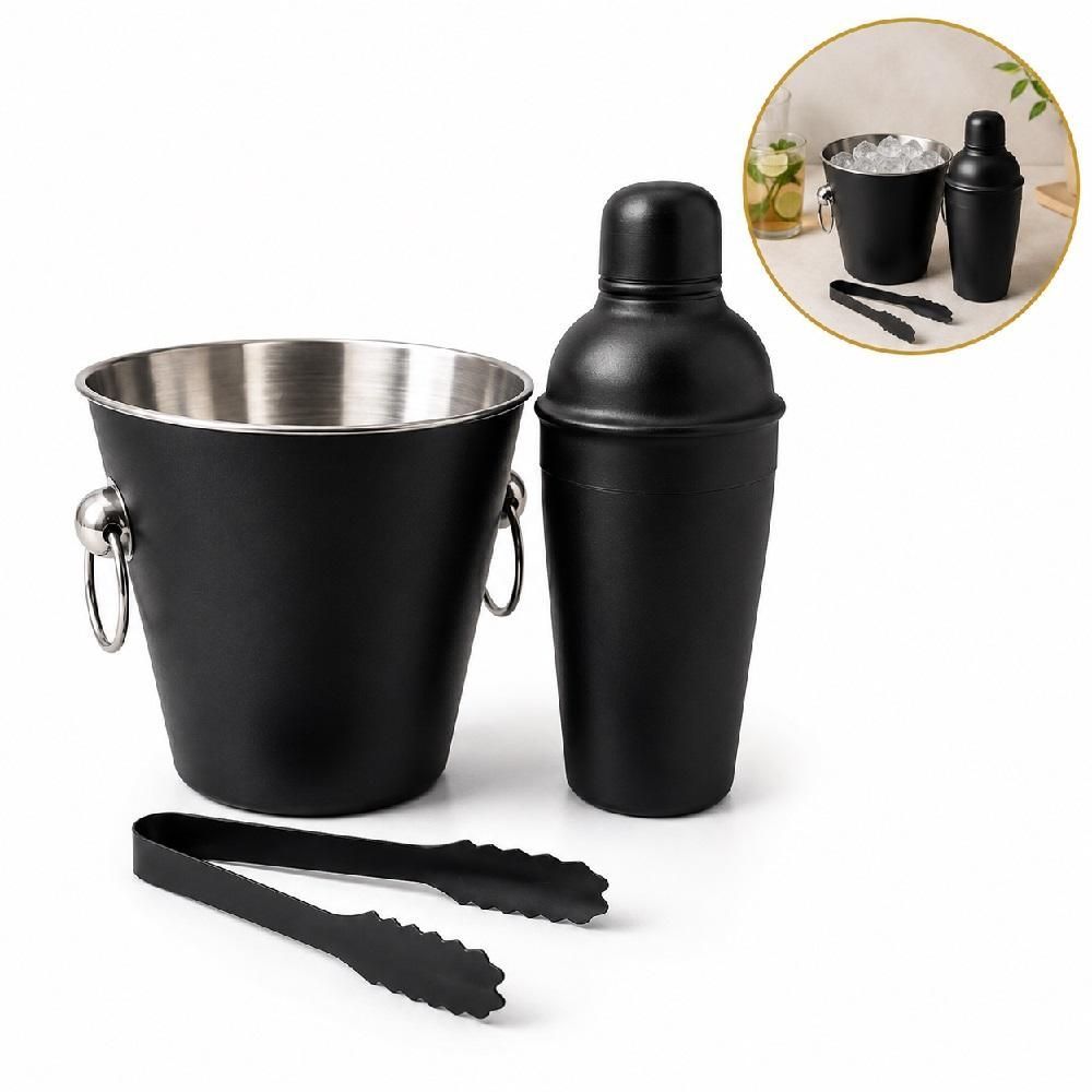 Kit para Drinks e Coquetéis Inox Preto com Coqueteleira Balde de Gelo 550ml e Pegador 3 Peças Organizador para Bar