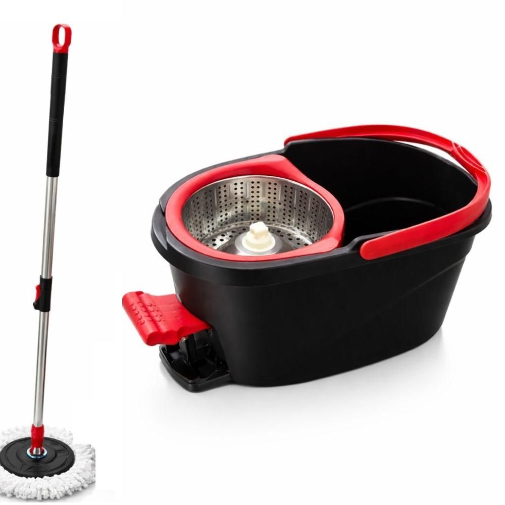 Kit Mop Giratório com Balde Esfregão de Microfibra Inox e Microfibra Sistema de Centrifugação com Pedal para Limpeza