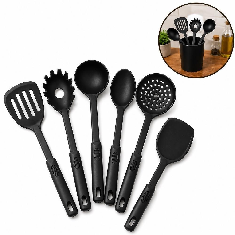 Kit Utensílios de Cozinha 6 Peças em Nylon Antiaderente com Cabos Ergonômicos para Organização na Cozinha Preto Yeet