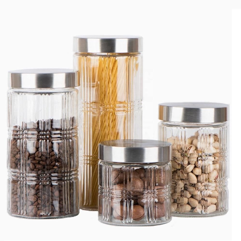 Kit de Potes de Vidro Elegance para Alimentos com Tampa em Aço Inox Hermético e Transparente Organizador de Despensa