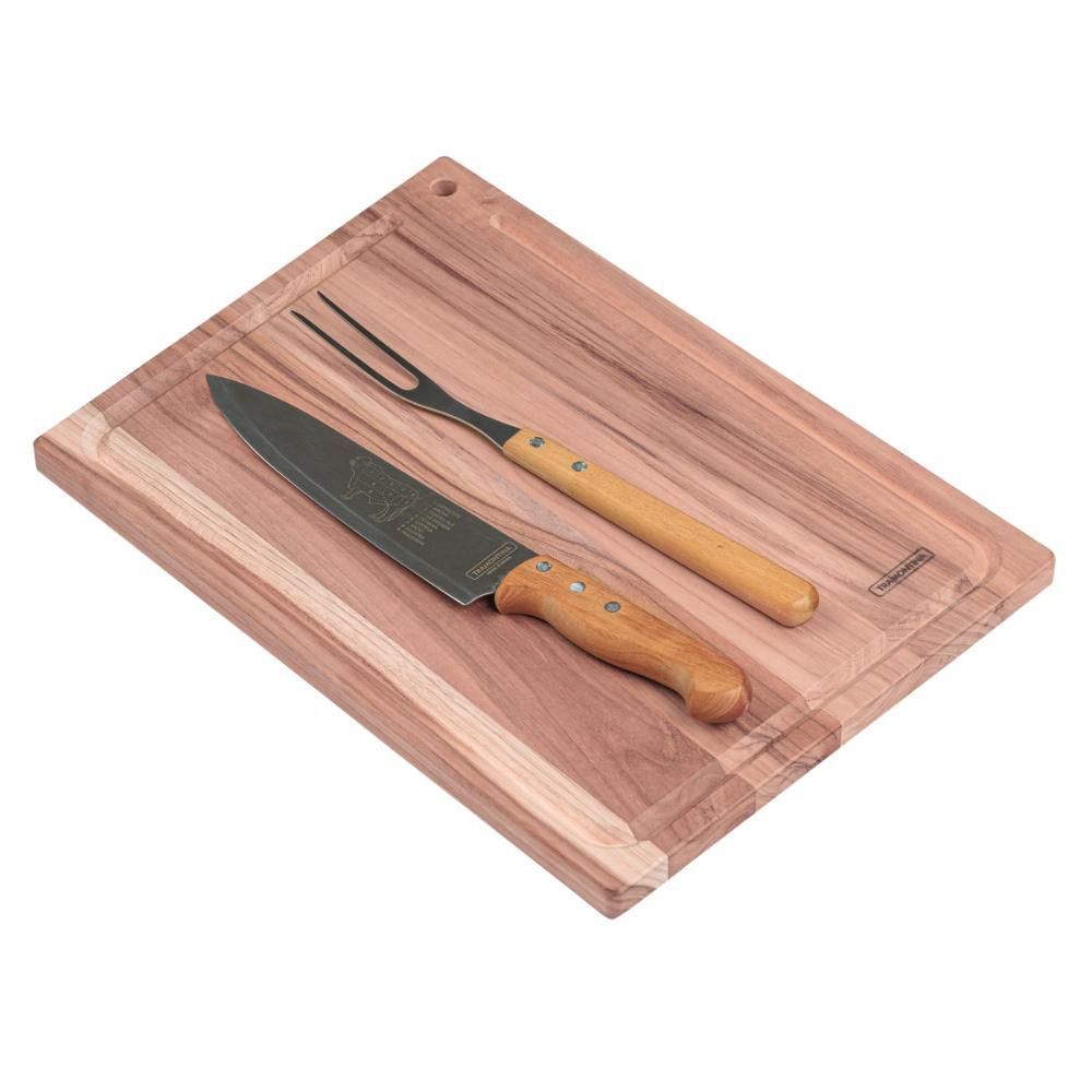 Tábua para Churrasco com Garfo e Faca em Madeira Jatobá Acabamento Lixado para Servir 40x28 cm Tramontina