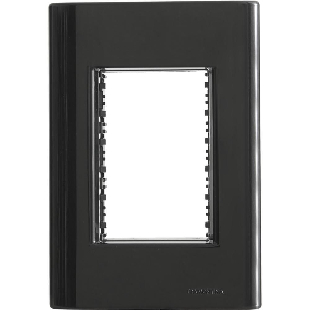 Placa 3 Postos 4x2 Giz para Acabamento de Instalação Sistema Modular com Suporte Preta Tramontina