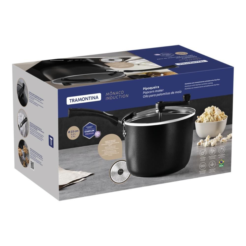 Pipoqueira Mônaco Induction para Pipocas em Alumínio com Revestimento Antiaderente Starflon Premium para Cozinha Preto