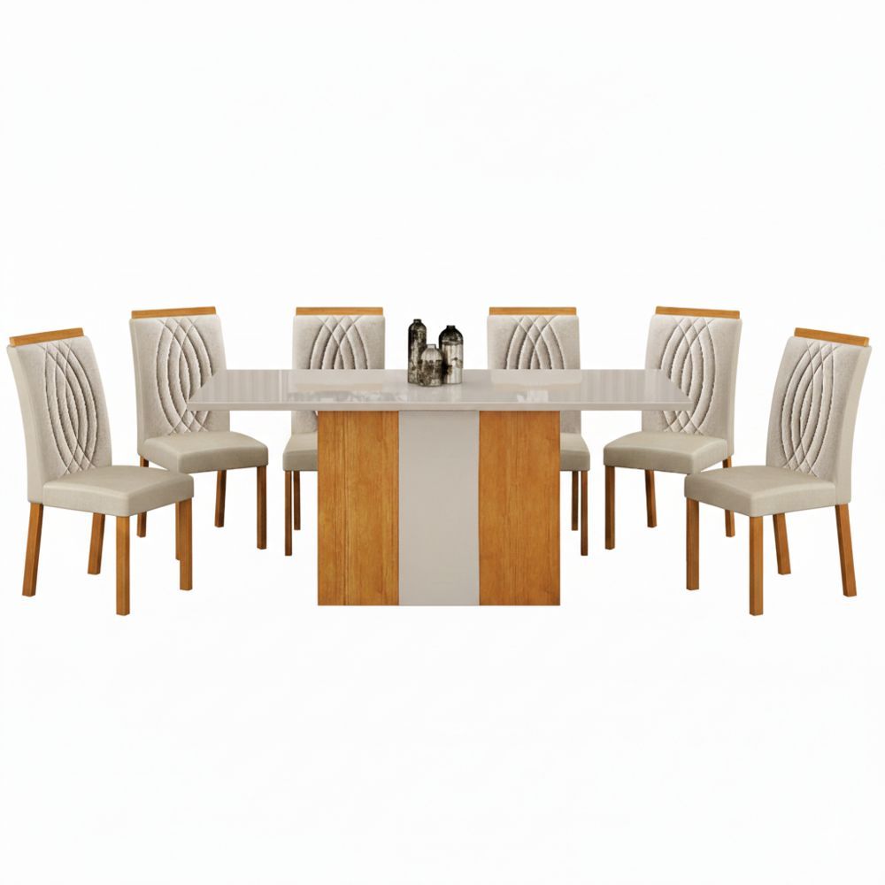 Conjunto de Jantar Doha 6 Lugares Tampo em Vidro com Cadeiras Estofadas em Linho Off White 160CM Leifer Móveis