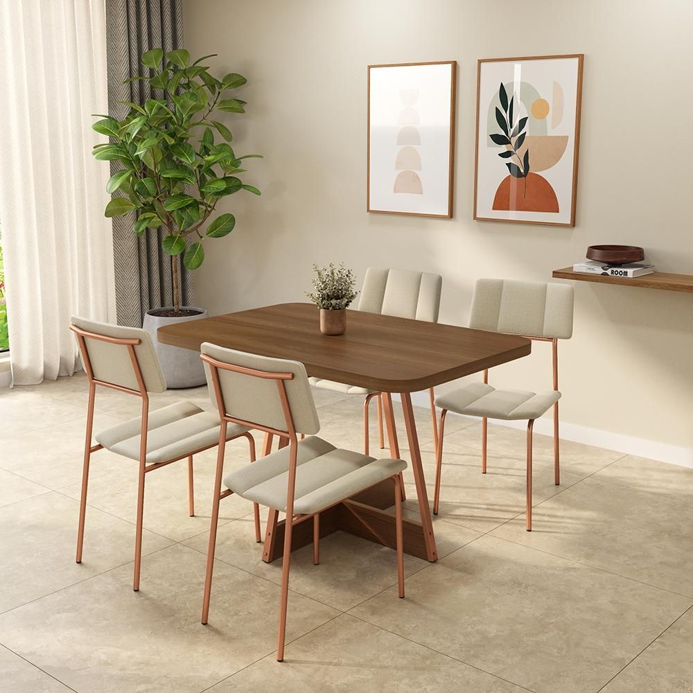 Conjunto de Jantar Blum 4 Lugares Tampo em MDP com Estrutura em Aço Rosê 120CM Móveis Carraro