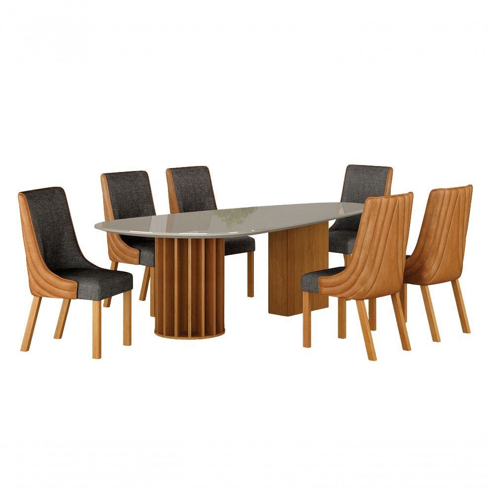 Conjunto de Jantar Belle 6 Lugares Tampo em Vidro com Cadeiras Estofadas Sintético Terracota 200CM Leifer Móveis