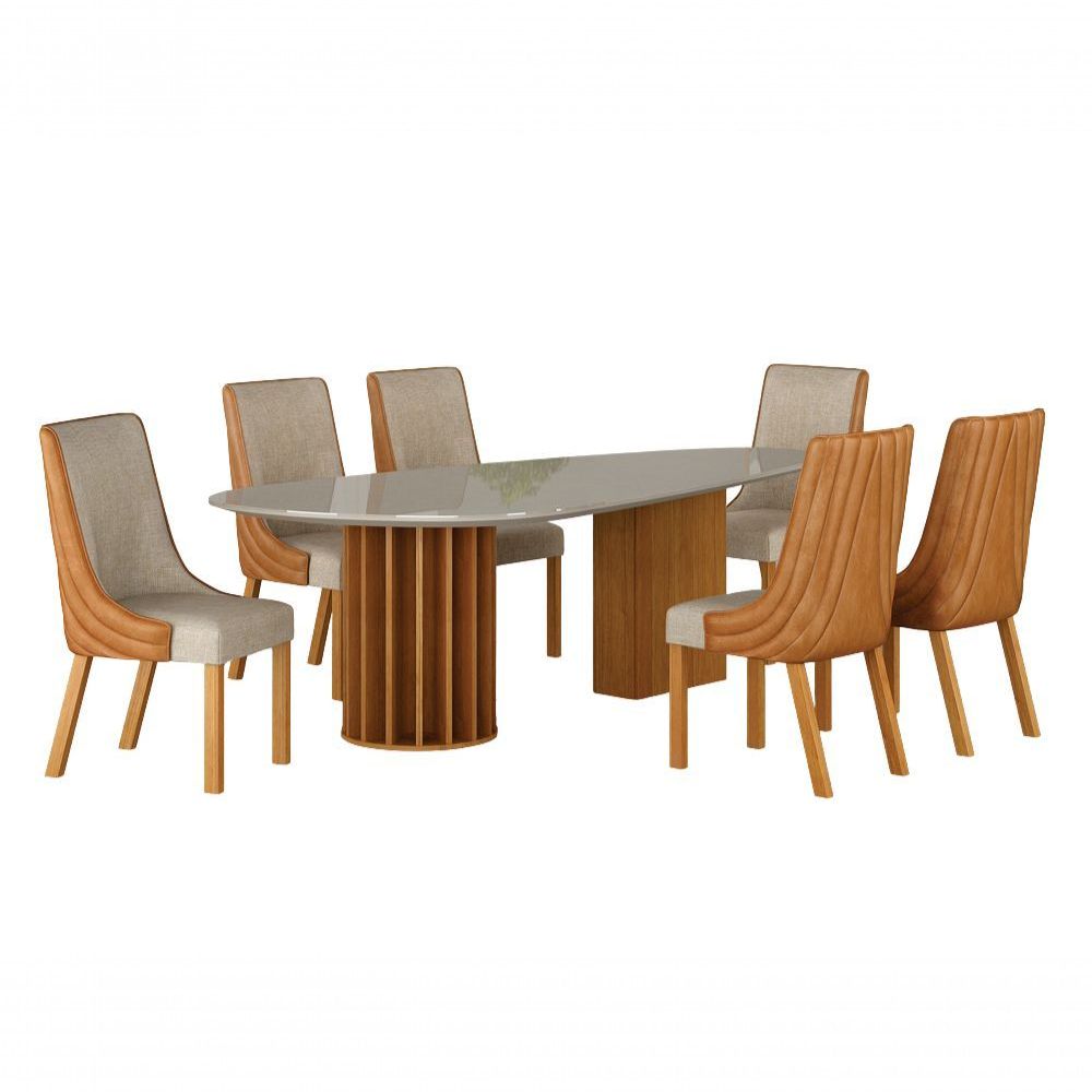 Conjunto de Jantar Belle 6 Lugares Tampo em Vidro Orgânico com Pés em Madeira e Estofado Suede Terracota 200CM Leifer