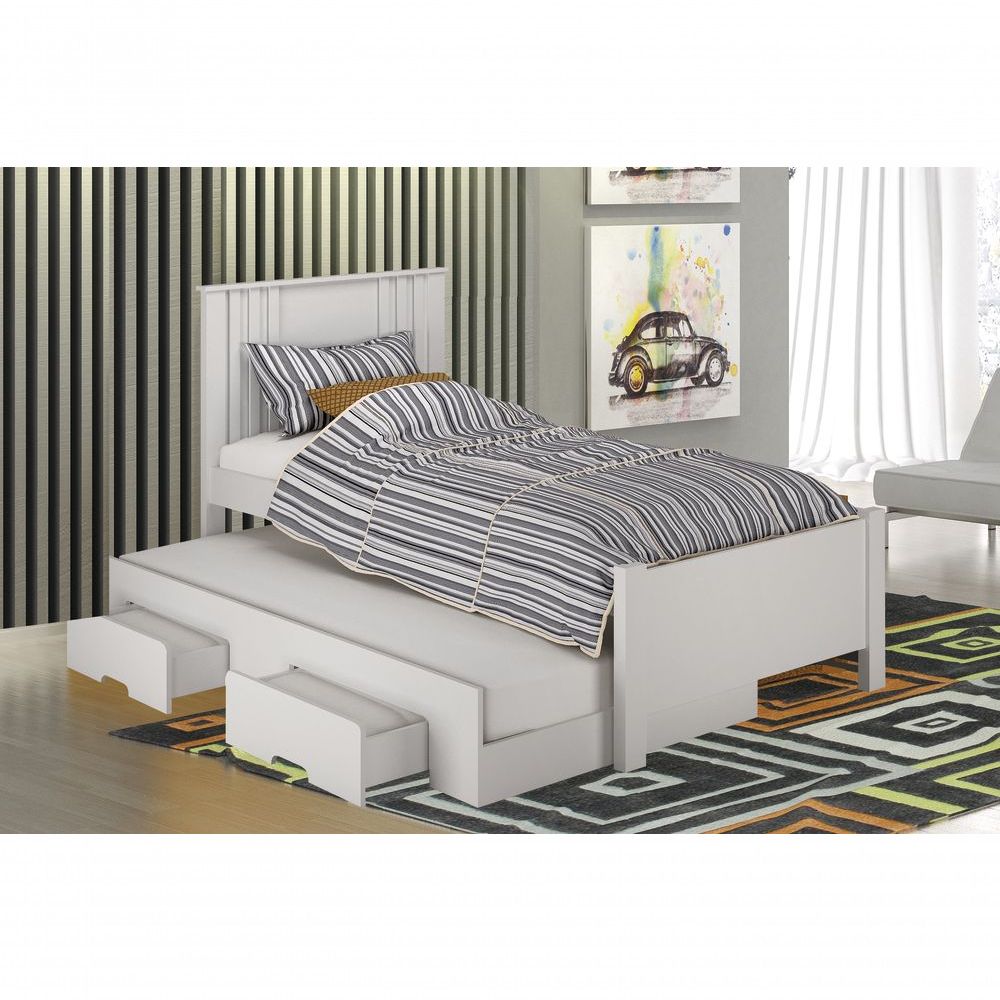 Cama Solteiro com Auxiliar Milano 2 Gavetas Estrutura MDF MDP Branco Leifer Móveis