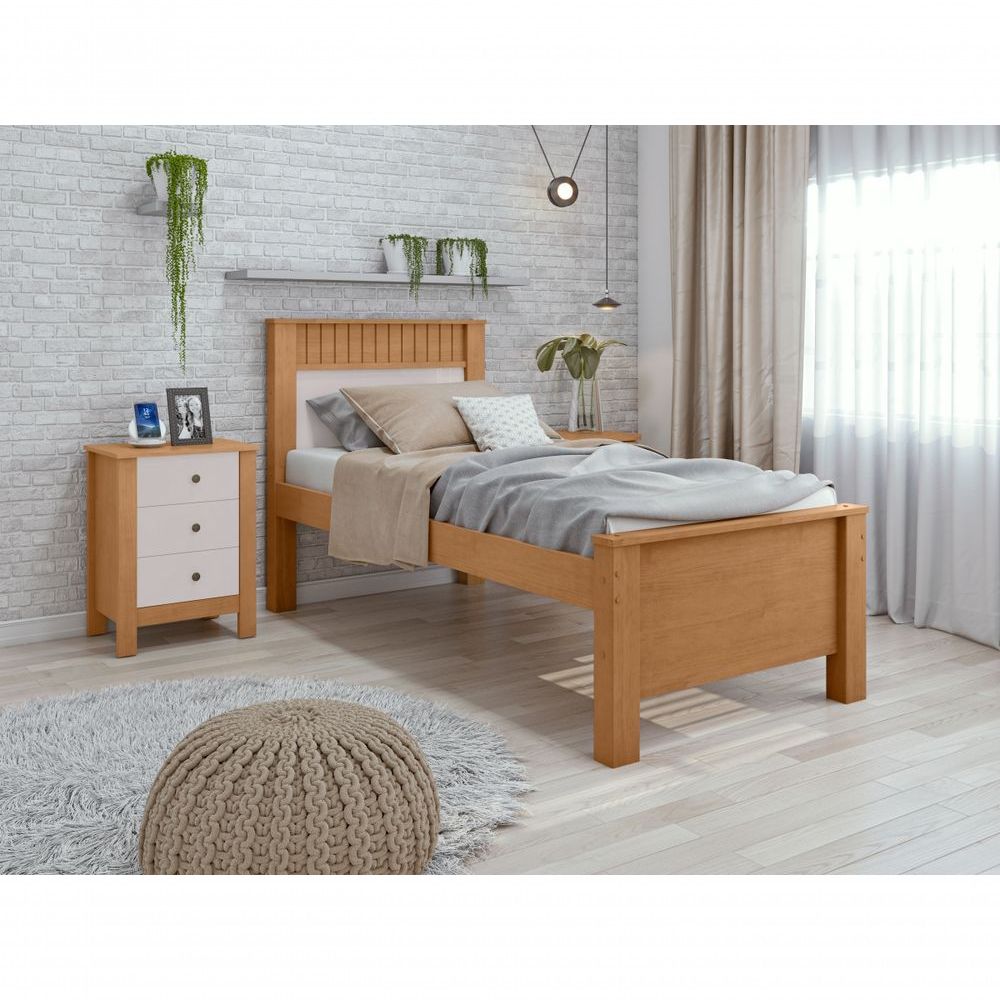 Cama Solteiro Athenas com Estrado Elevado MDF Amêndoa e Off White Móveis Lopas