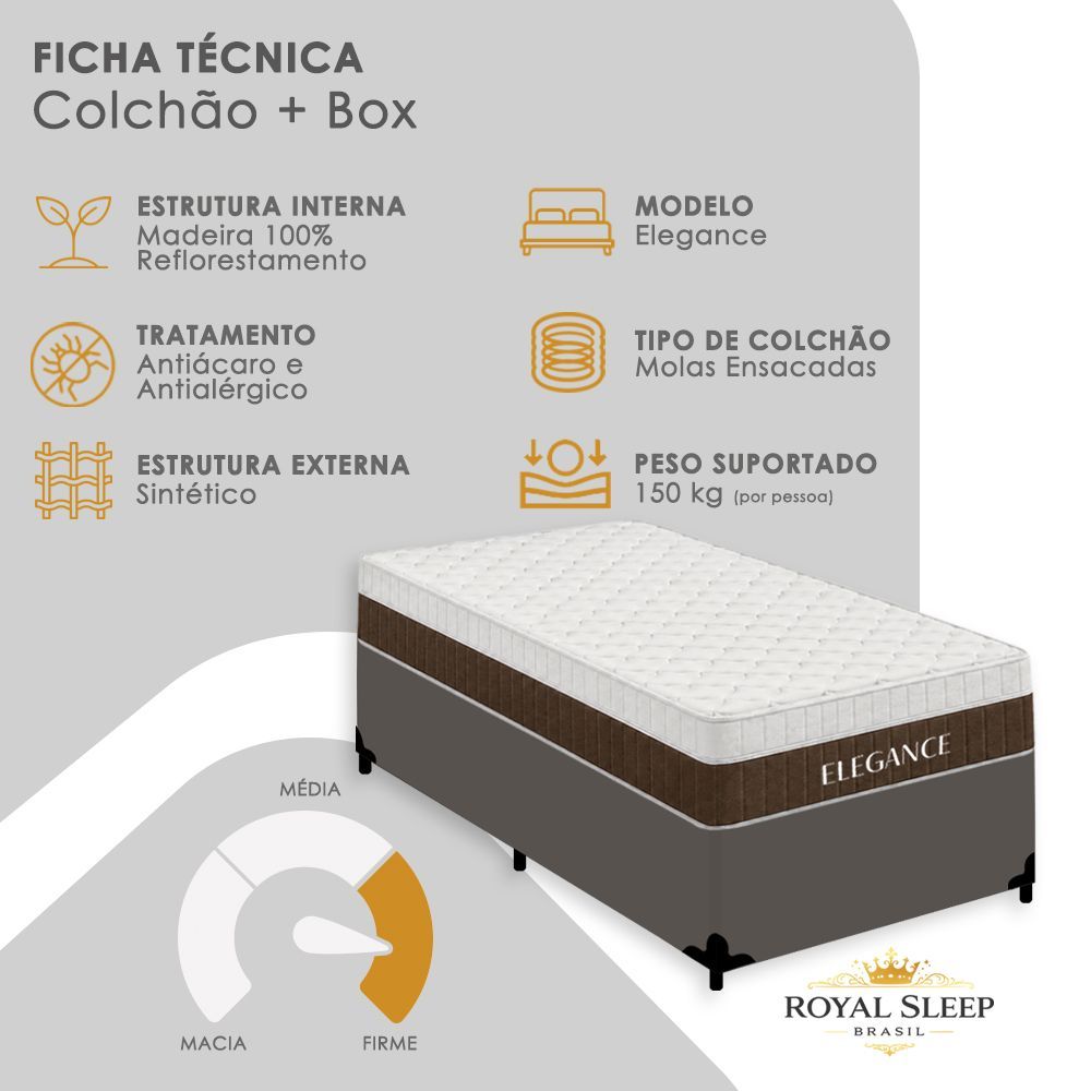 Cama Box com Colchão Solteiro Elegance Pillow Top Molas Ensacadas Tecido Liso Cinza Royal
