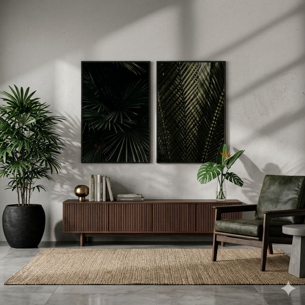 Quadro Decorativo Botânico Folhagem Sombria E Trama De Palmeira Kit 2 Quadros Amadeirado - 40x60cm