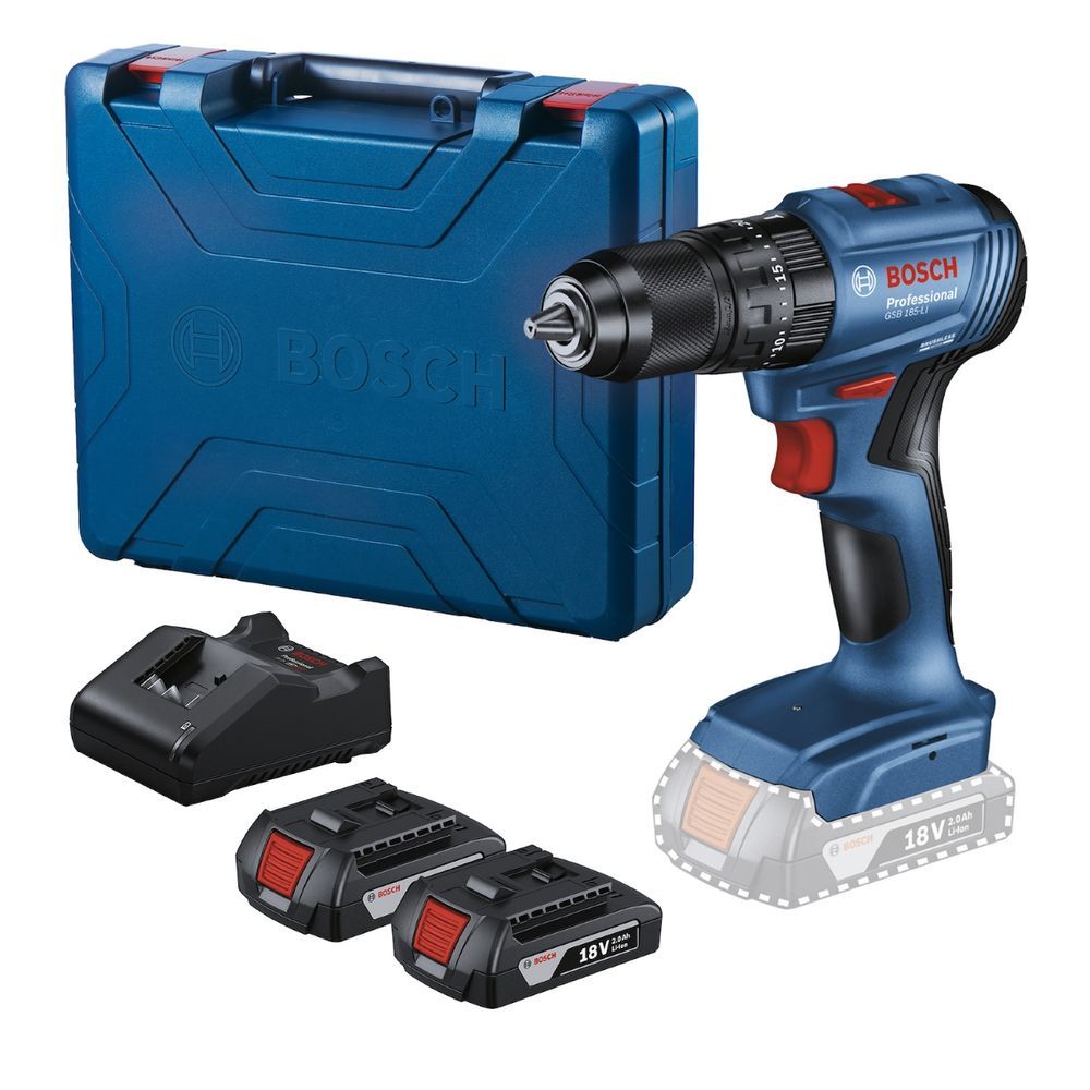 Furadeira Parafusadeira de Impacto Bosch para Uso Profissional GSB185LI-2B com 2 Baterias 2,0Ah 18V Azul 18V