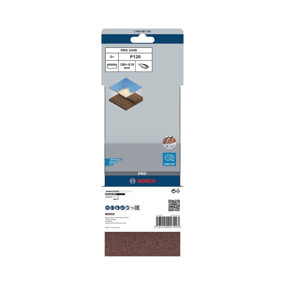 Cinta de Lixa Pro X440 100x610mm Grão 120 Tecido X Reforçado Cinza 3 Unidades Bosch
