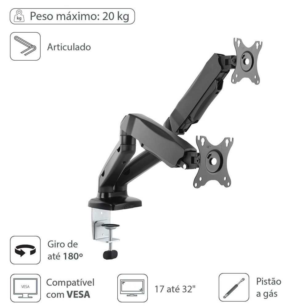 Suporte Articulado para 2 Monitores Sm-341B com Tecnologia de Contrapeso e Suporte a Gás Preto Vinik