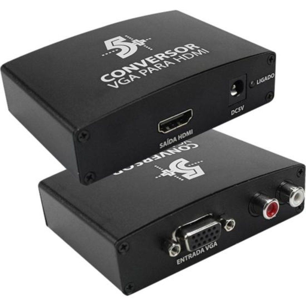 Conversor de Vídeo 5+ VGA para HDMI Converte Sinal Analógico em Digital 1080p 60Hz Preto
