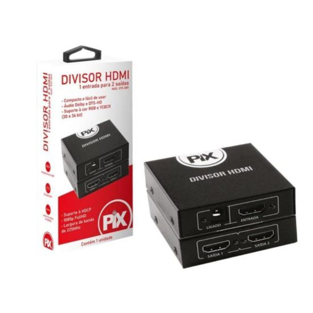Divisor HDMI Pix 1.3.1 Entrada X 2 Saídas com Largura de Banda 10.2Gbps e Suporte HDCP 1.2 5V DC Preto