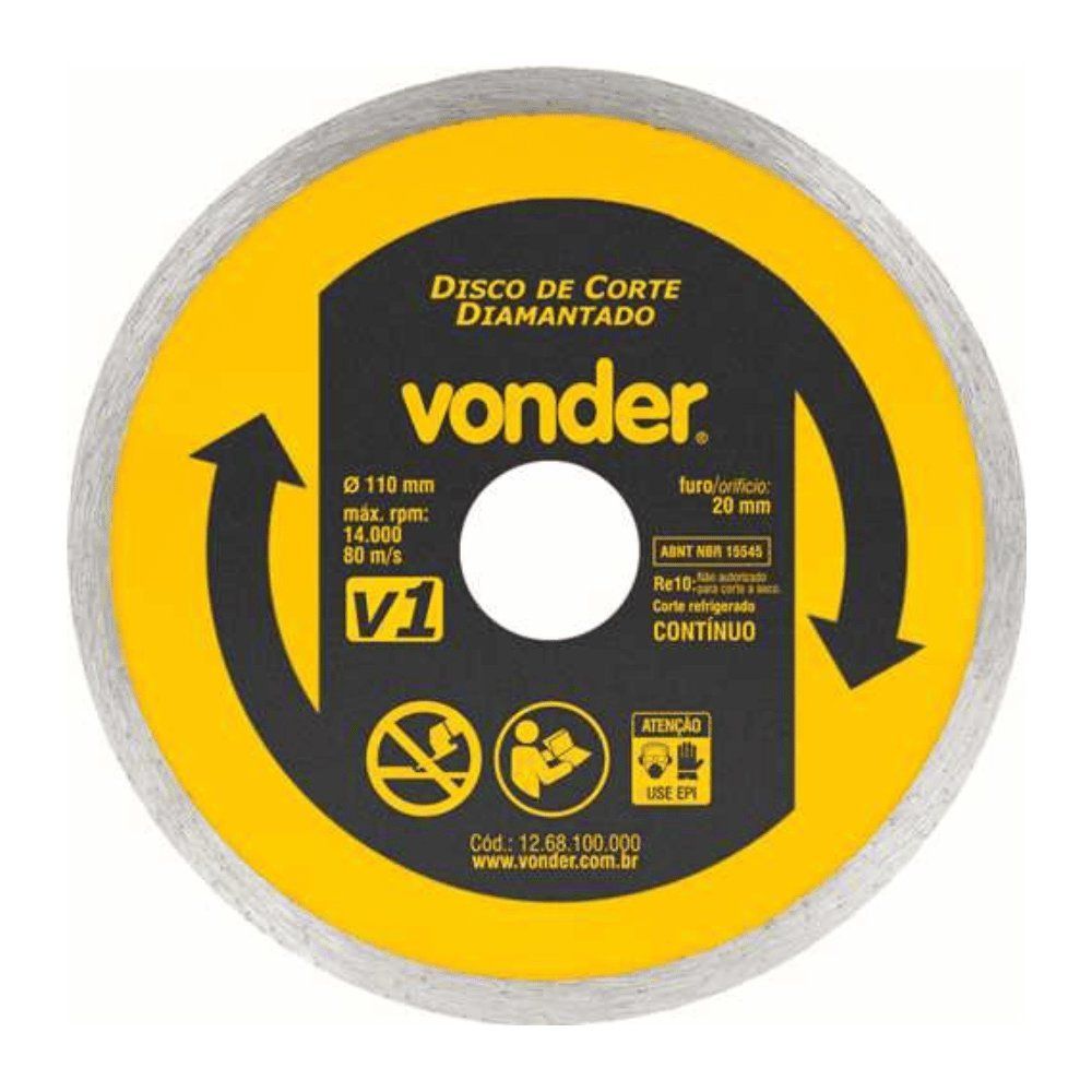 Disco Diamantado V1 Corte Contínuo para Mármore Granito e Cerâmica com Bucha de Redução 110mm 20mm 14000 RPM Vonder