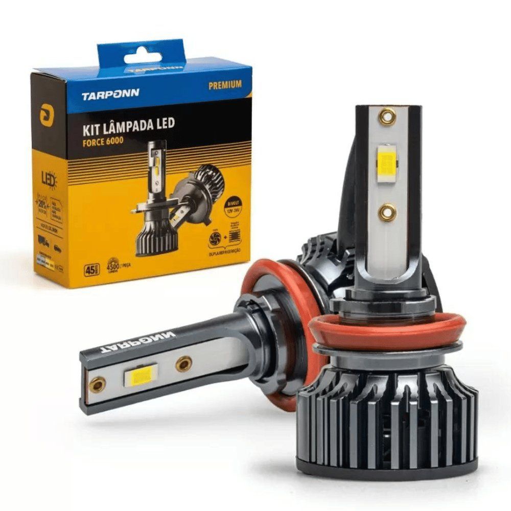 Kit Lâmpada LED H8-H9 Force 6000 Premium para Carros e Caminhões Iluminação Branca Fria 6000K com Dupla Refrigeração
