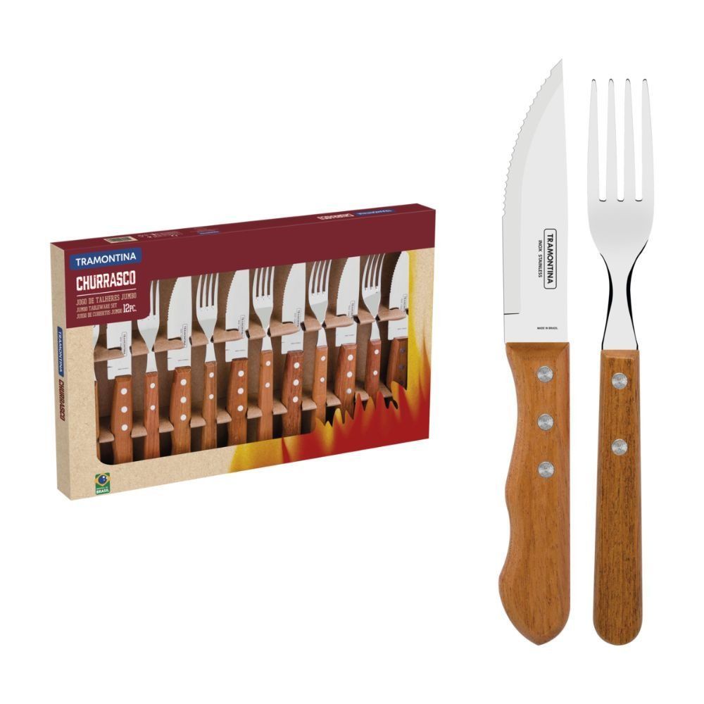 Jogo para Churrasco Dynamic 12 Peças Aço Inox e Madeira Natural com Rebites de Alumínio para Mesa de Jantar Amadeirado