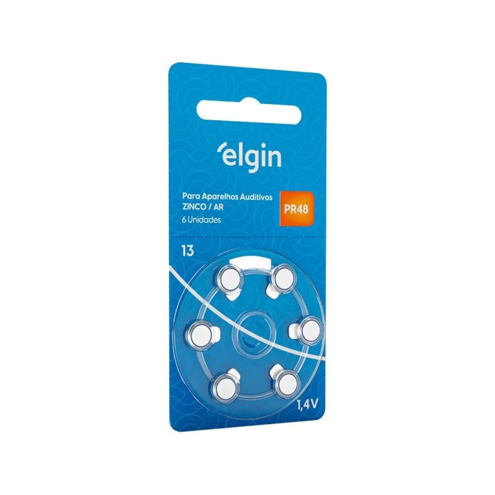 Bateria Auditiva Elgin PR48 Tamanho 13 Economia 1,4V Zinco Branco Blister com 6 Unidades
