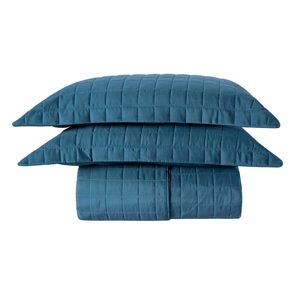 Kit Cobre Leito Colcha Ravena Queen 3 Peças 100% Poliéster Micropercal 300 Fios Matelado Minimalista Azul Marinho Clara
