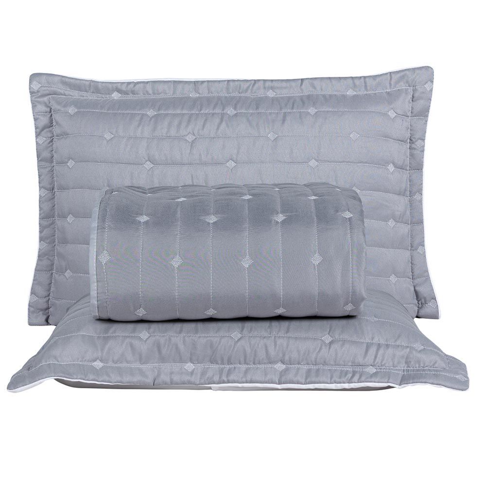 Kit Cobre Leito Colcha Safira Queen 3 Peças 100% Poliéster Micropercal 400 Fios Acetinado Liso Cinza Clara Luz Decora