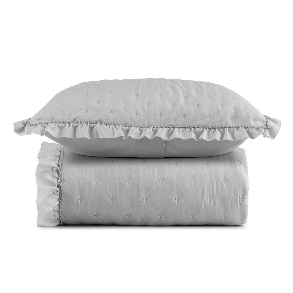 Kit Cobre Leito Colcha Labella Solteiro 100% Poliéster Microfibra Macio com Babado Cinza Clara Luz Decora