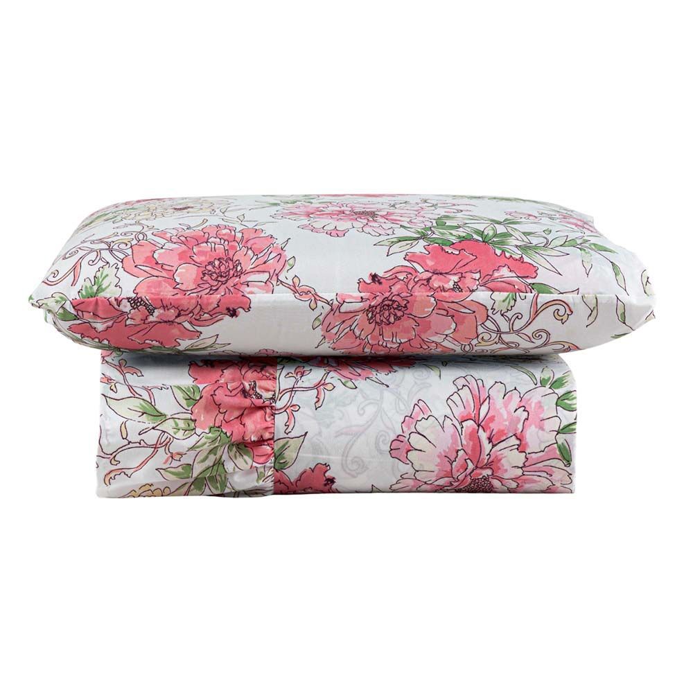 Kit Cobre Leito Colcha Mel Solteiro 2 Peças 100% Poliéster Micropercal 400 Fios Macio Estampado Floral Off White Clara