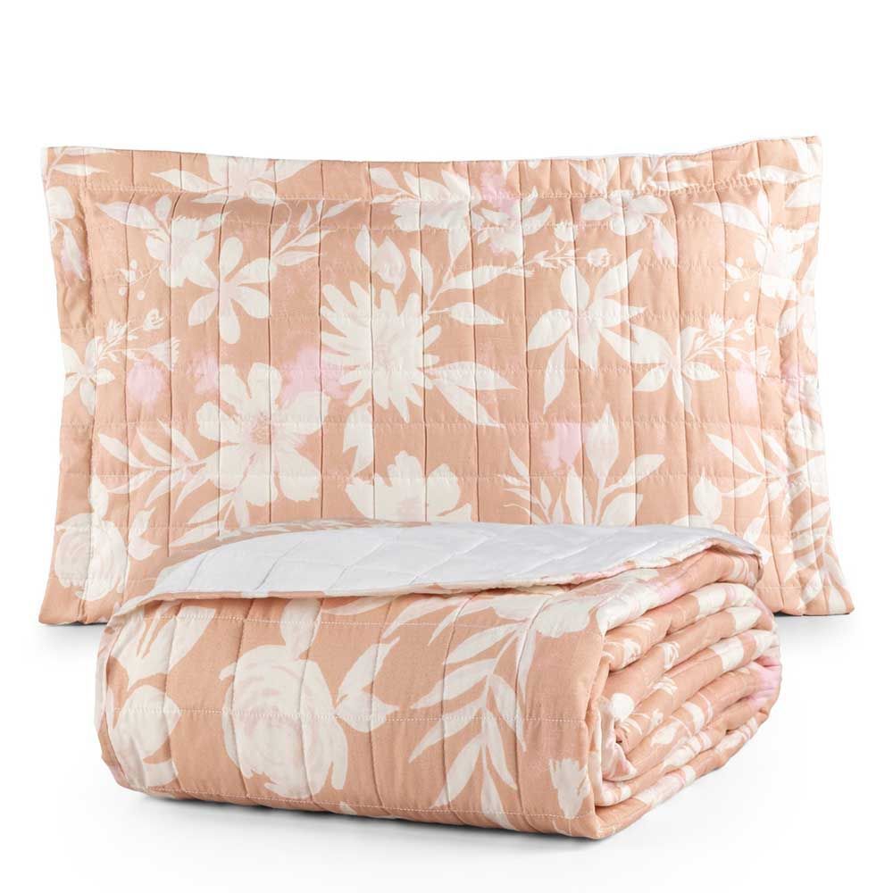Kit Cobre Leito Colcha Bali Solteiro 2 Peças 100% Poliéster Micropercal 300 Fios Macio Estampado Floral Off White Clara