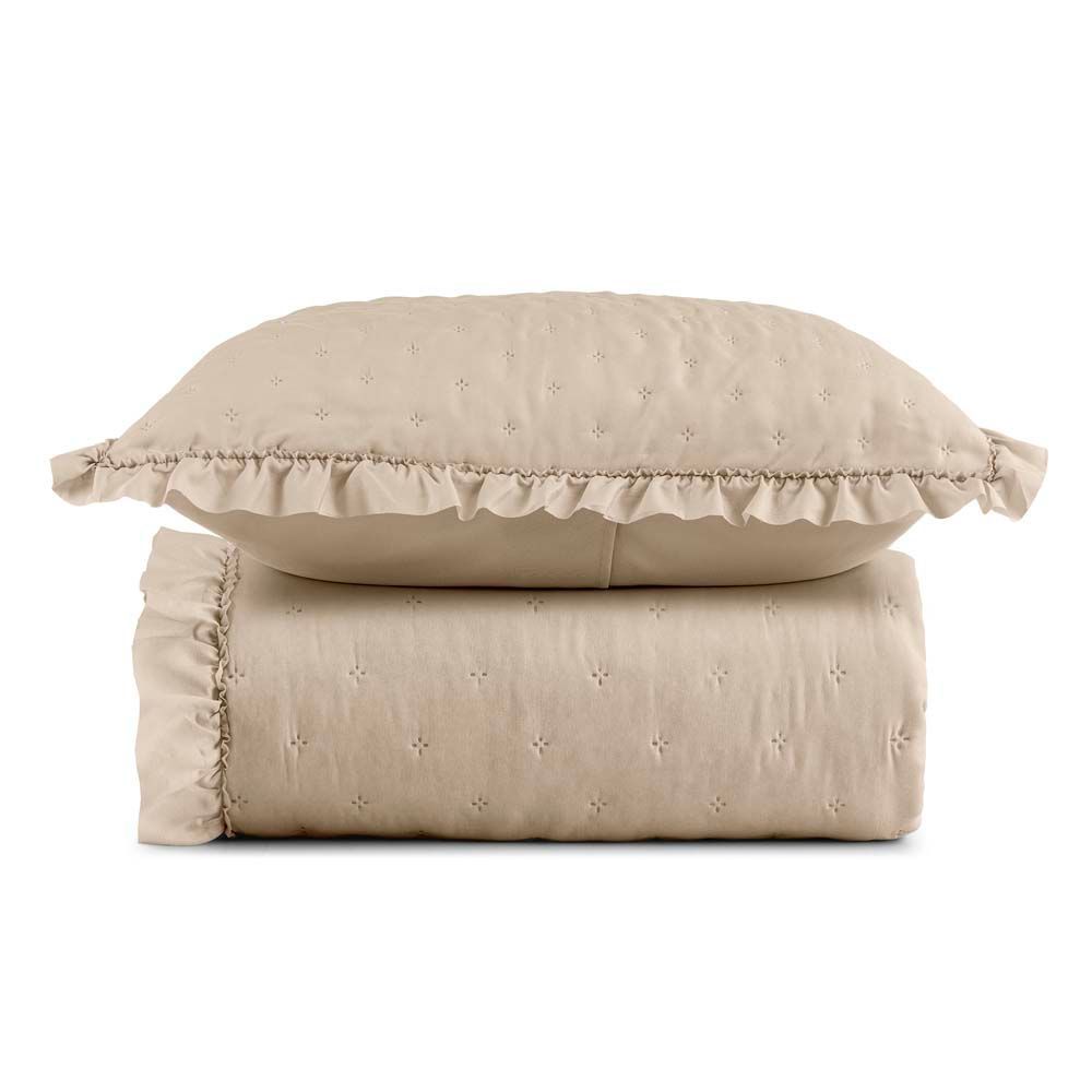 Kit Cobre Leito Colcha Labella Solteiro 2 Peças 100% Poliéster Microfibra com Babado Macia Bege Clara Luz Decora