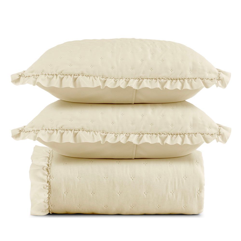 Kit Cobre Leito Colcha Labella Casal 3 Peças 100% Poliéster Microfibra Macio com Babado Bege Clara Luz Decora
