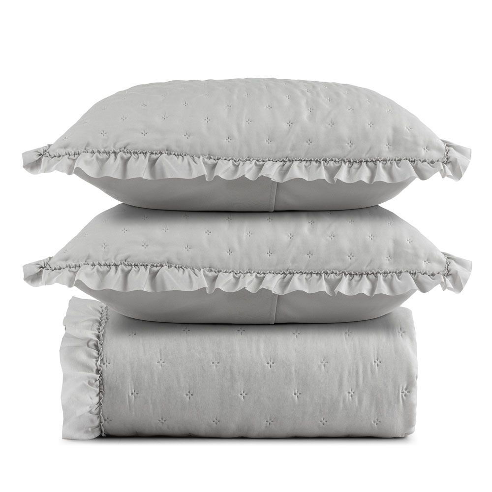 Kit Cobre Leito Colcha Labella King 3 Peças 100% Poliéster em Microfibra 200 Fios Macio com Babado Cinza Clara Luz