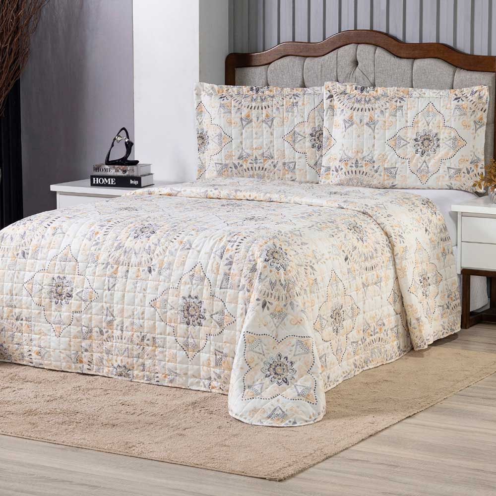 Kit Cobre Leito Colcha Bali Casal 3 Peças 100% Poliéster Micropercal 300 Fios Macio Estampado Étnico Mandala Clara Luz