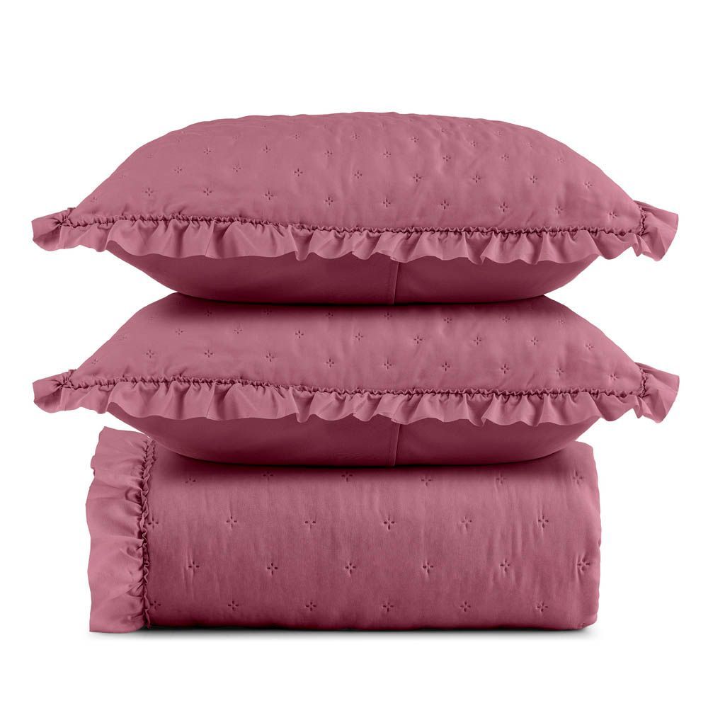 Kit Cobre Leito Colcha Labella Casal 3 Peças 100% Poliéster Microfibra Macia com Babado Pink Clara Luz Decora