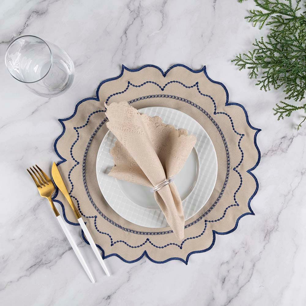 Jogo Americano Simples Bordado 12 Peças em 100% Poliéster com Sousplat e Guardanapo Decorativo para Mesa Elegante Azul