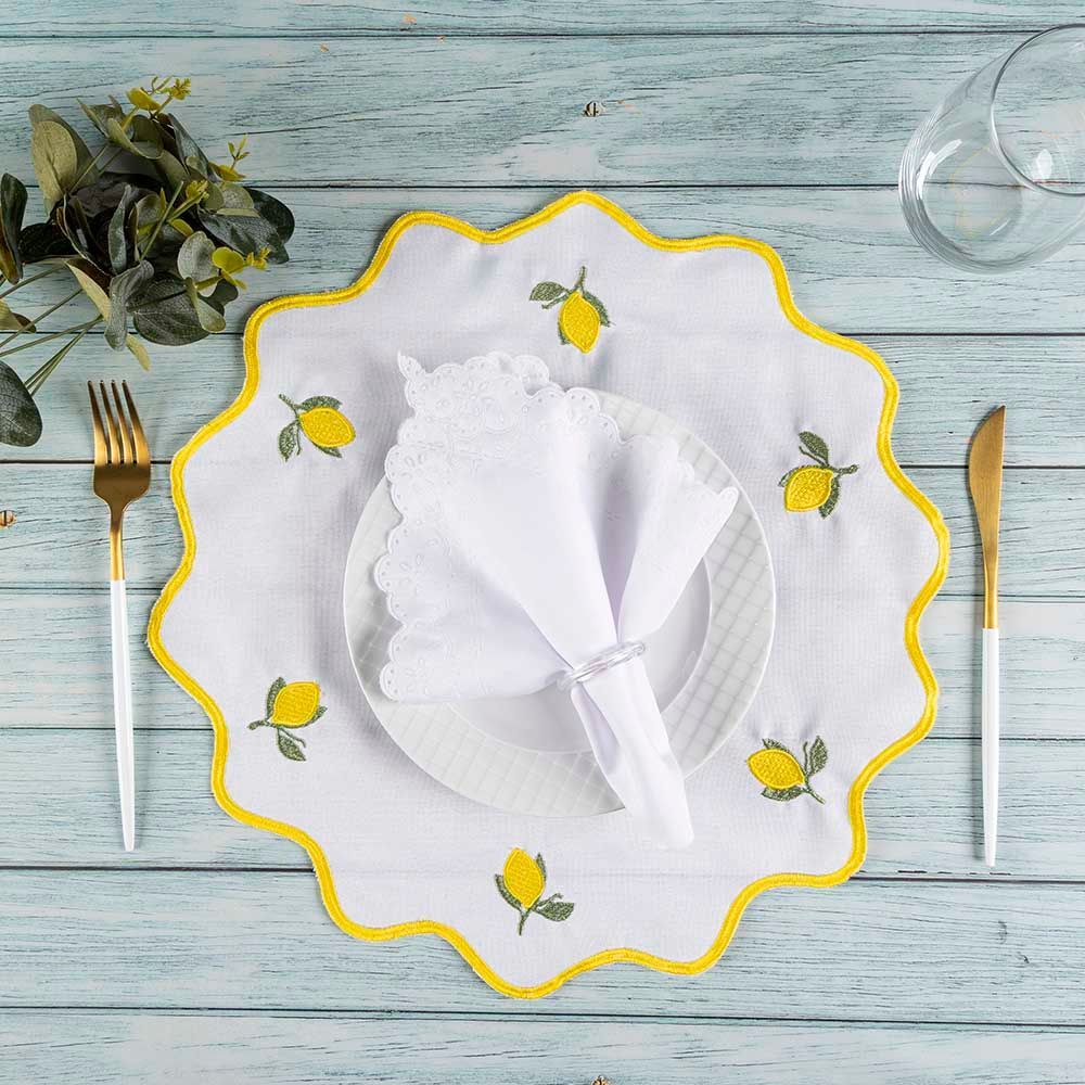 Jogo Americano Sicilia com 6 Sousplats e 6 Guardanapos 100% Poliéster Bordado Elegante para Mesa de Jantar Branco Clara
